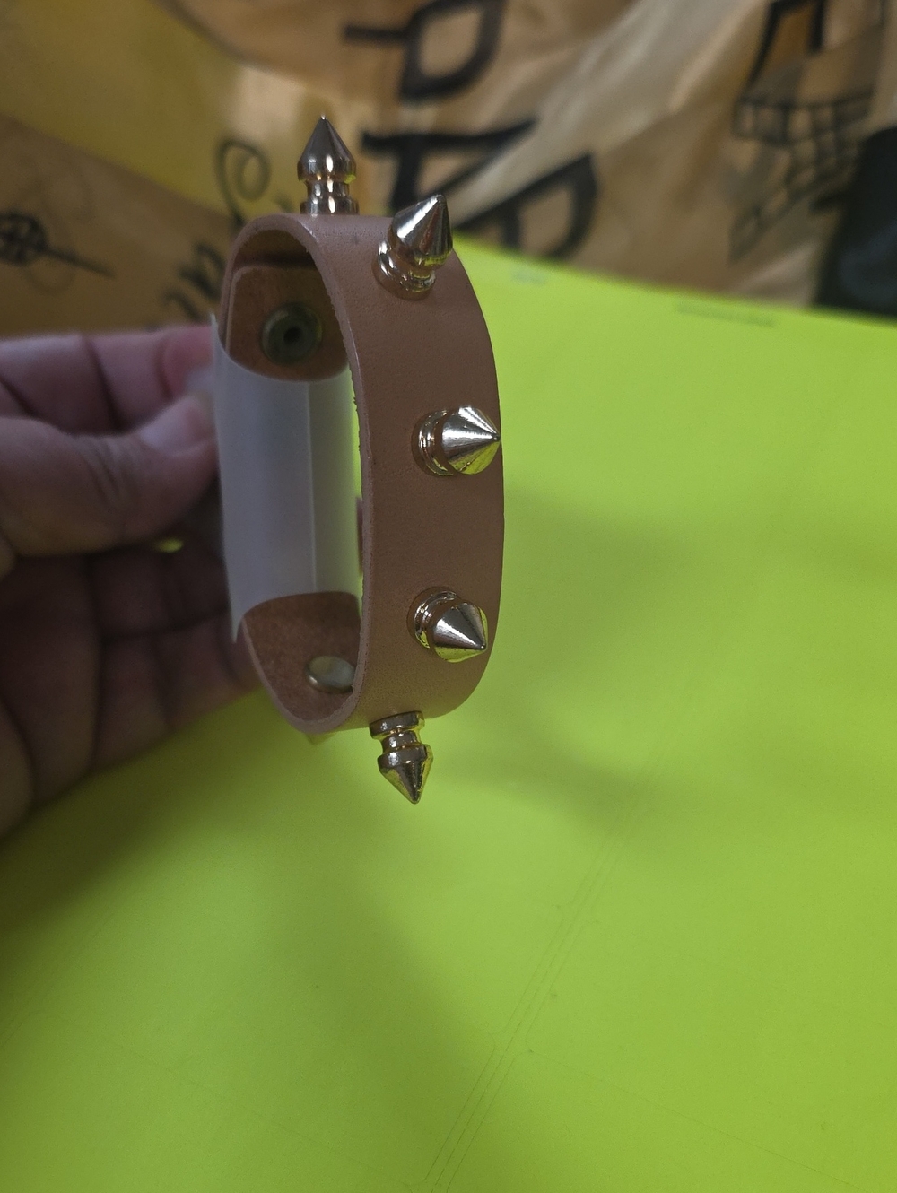 Brown Faux Leather Spike Bracelet with Gold Accents